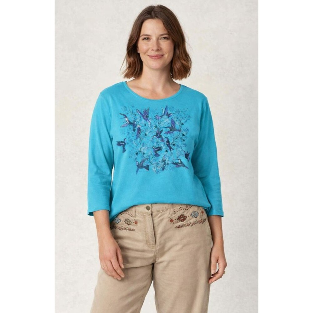 SABAKU Artsy Tunic Top Size M Southwestern Desert Flowers Hummingbirds Turquoise